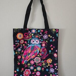 Colorful Owl Floral Canvas Tote Bag Boho Folk Art Shopper